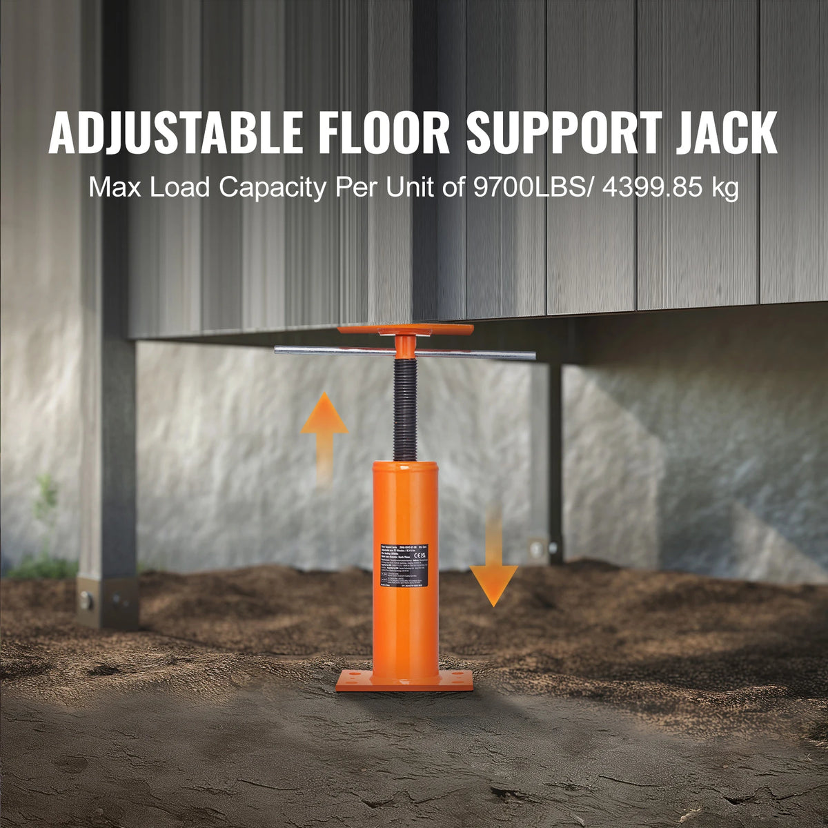 An adjustable orange steel floor support jack is shown standing on the ground, used for beam support.