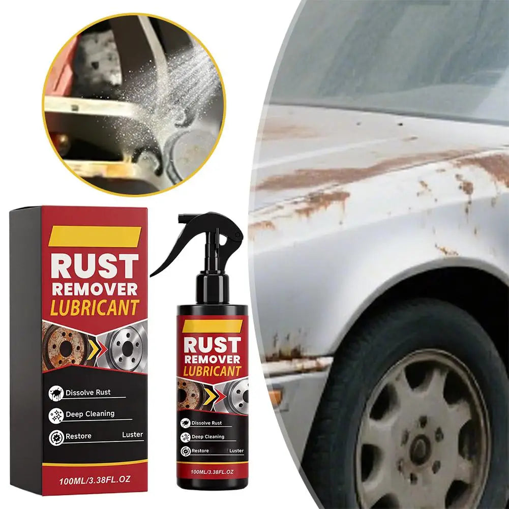 A bottle of Rust Remover Lubricant next to a close-up of rust damage on a car's exterior.
