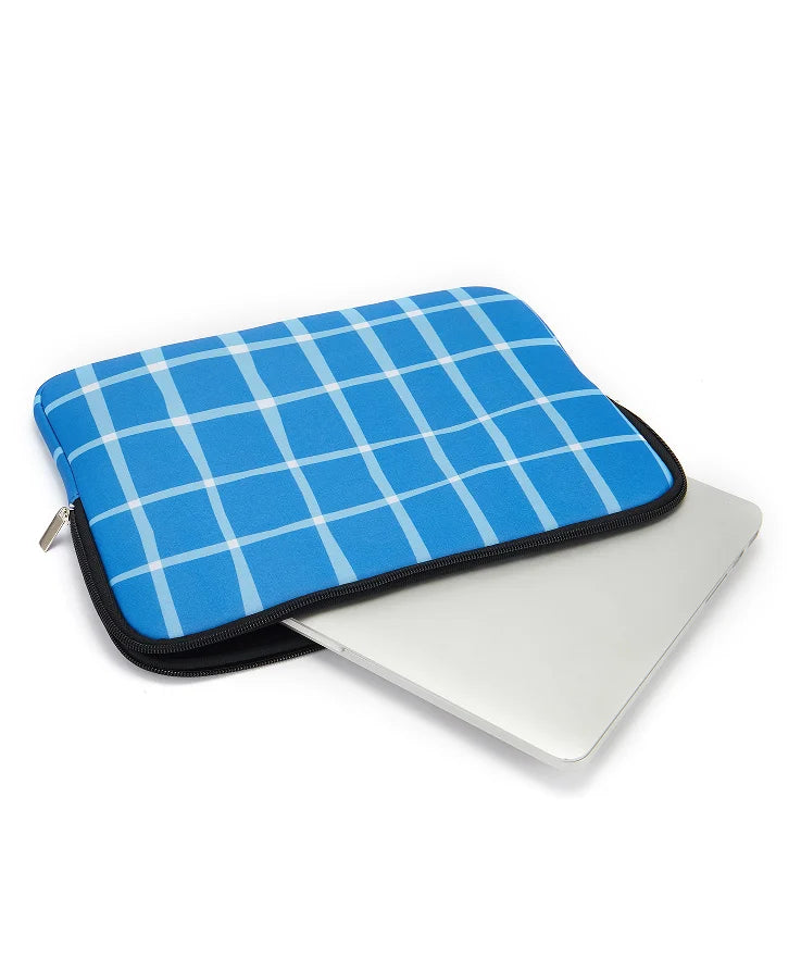 A blue and white checkered laptop sleeve with a black zipper closure.