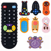 A collection of baby silicone teether toys including a remote control shaped gum relief and various other silicone teethers.