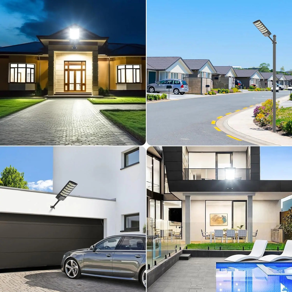 Exterior view of a modern house featuring high-powered solar flood lights and motion sensors.