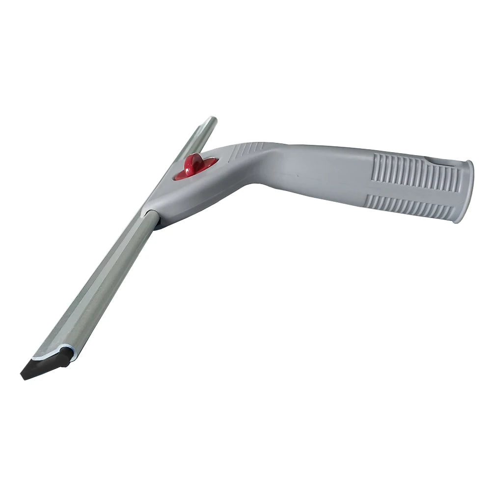 A gray multi-purpose glass cleaning squeegee with a silicone blade and red handle.