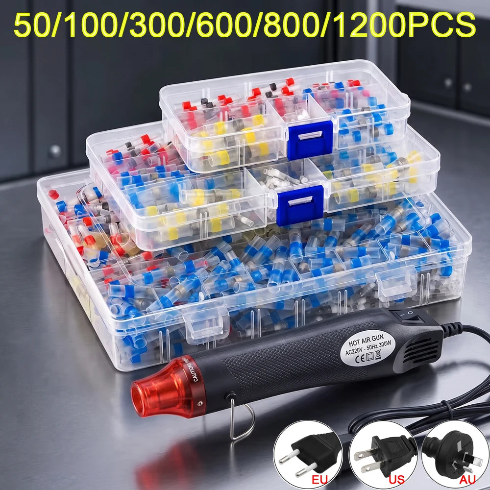 A plastic storage box filled with solder seal wire connectors and a heat gun tool.