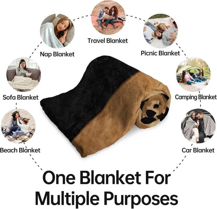 A single fleece throw blanket shown with various uses including travel, nap, picnic, camping, beach, and car applications.