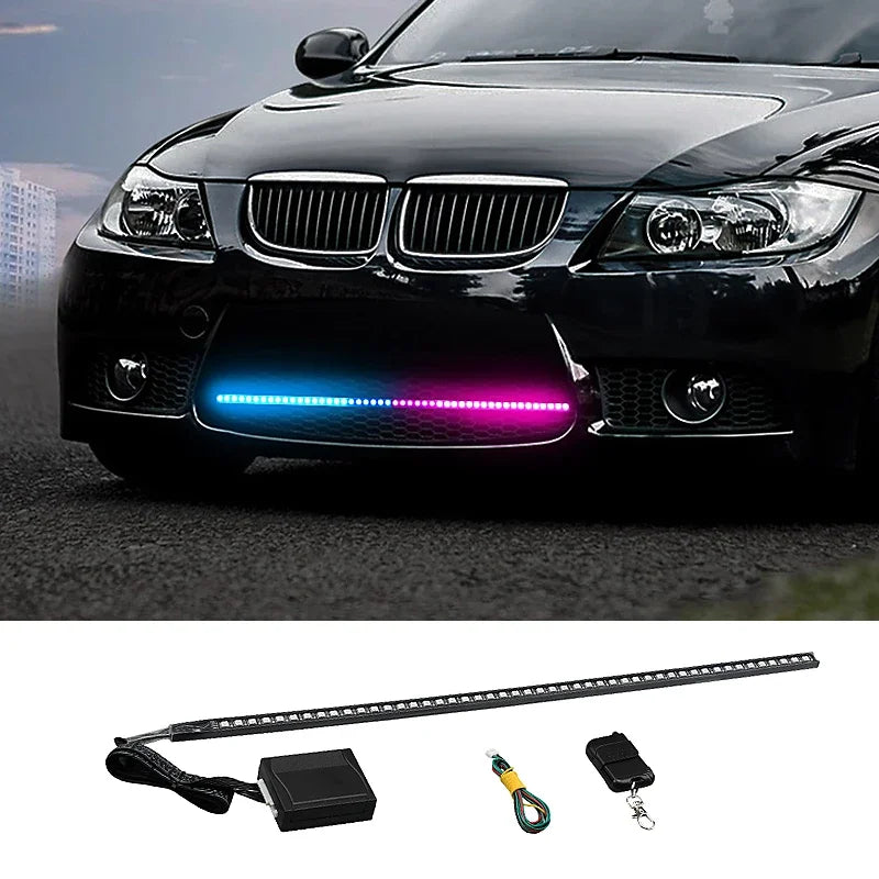 A 22-inch RGB LED car scanner light strip and remote control shown next to a black car headlight.