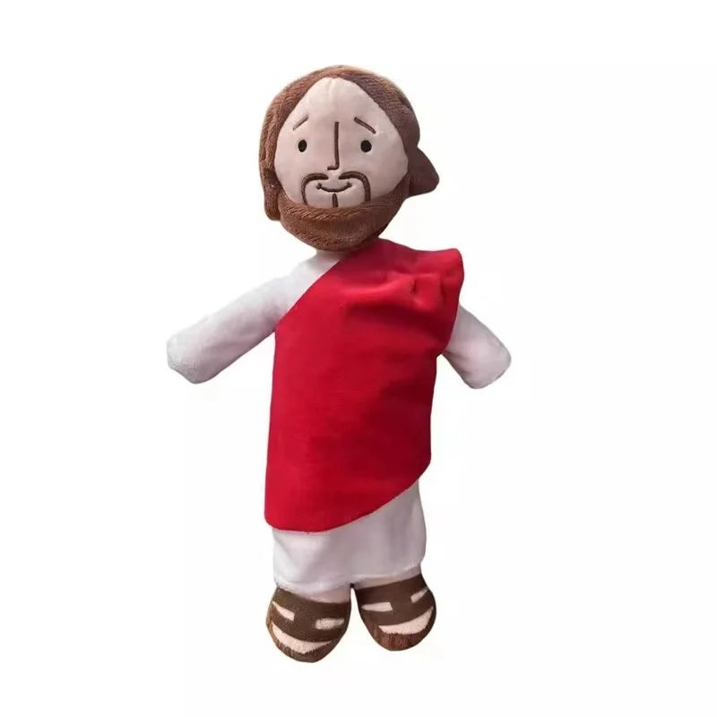 A plush doll representing a praying angel with a beard, wearing a red garment and white clothing.