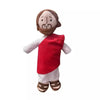 A plush doll representing a praying angel with a beard, wearing a red garment and white clothing.