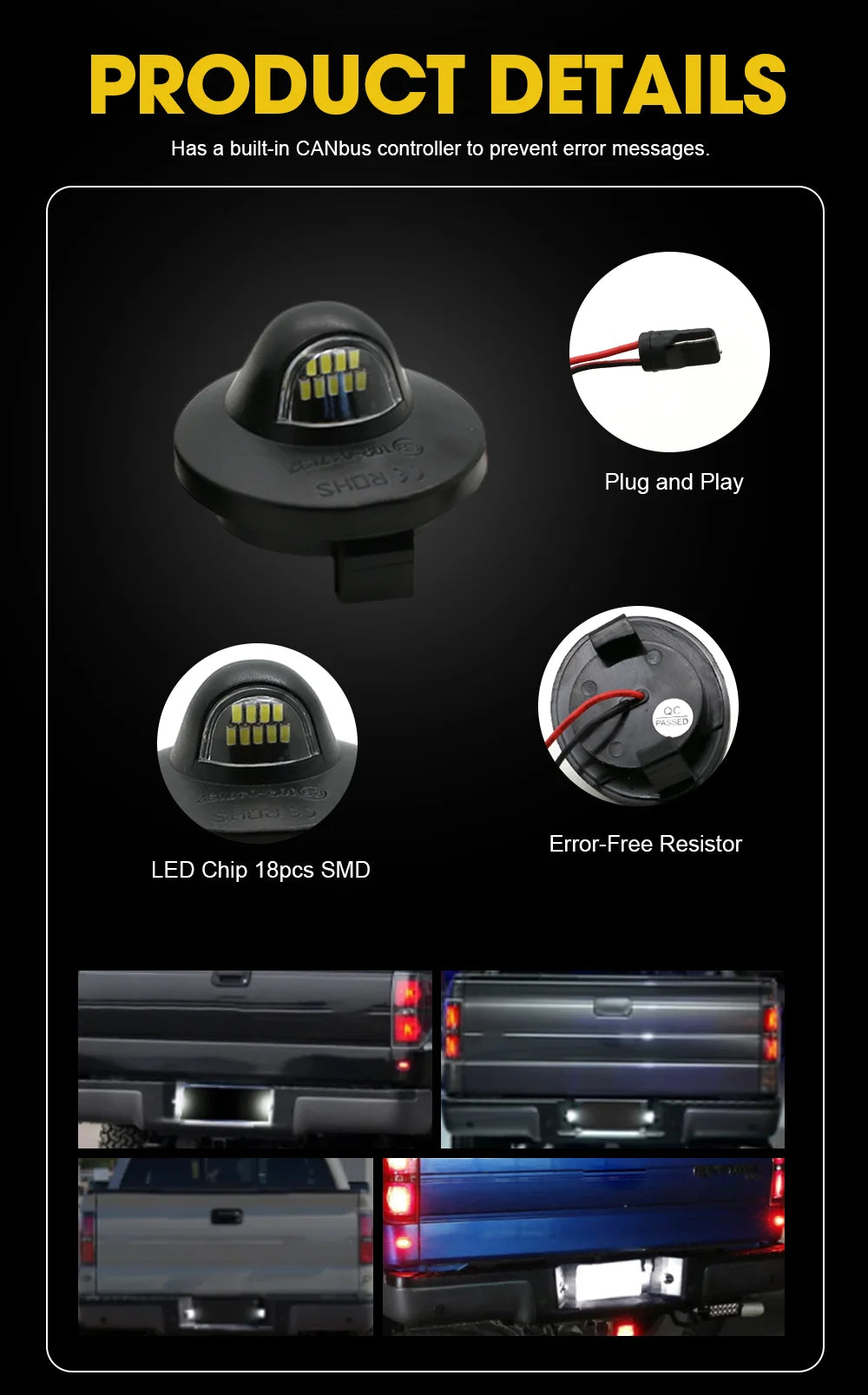 Produktdetails, die einen Plug-and-Play-LED-Chipwiderstand und verschiedene Kennzeichenbeleuchtungsinstallationen an LKWs und