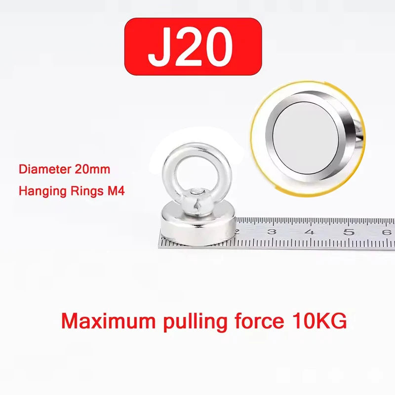 Silberner J20-Magnethaken mit 20 mm Durchmesser und M4-Aufhängungsringen, für eine maximale Zugkraft von 10 kg ausgelegt.
