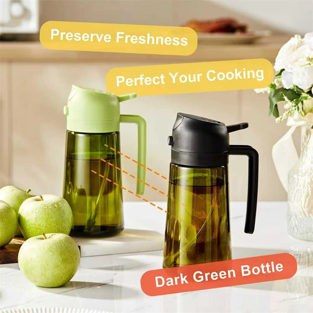 A dark green glass bottle used as a 2-in-1 olive oil dispenser and sprayer, shown next to an apple.