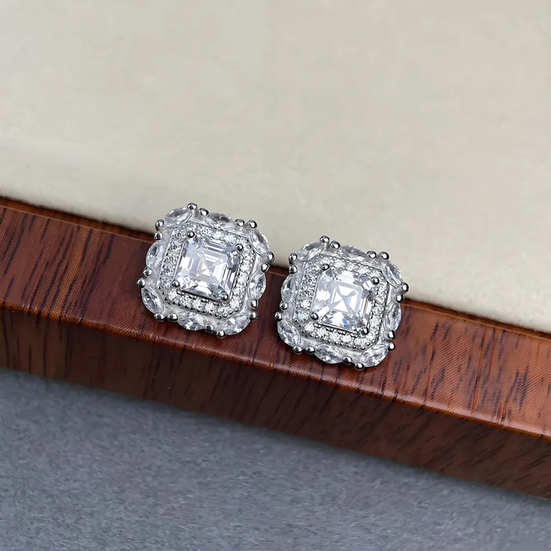 Square Moissanite Stud Earrings in Rhodium-Plated Silver