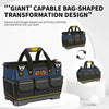 A dark blue and black bag-shaped transformation design tool kit with adjustable straps shown on a white surface.