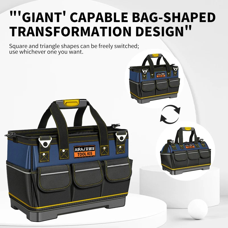 A dark blue and black bag-shaped transformation design tool kit with adjustable straps shown on a white surface.