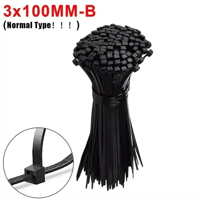A bundle of black reusable screw-hole cable ties with mounting holes shown next to a close-up view of the tie's structure.