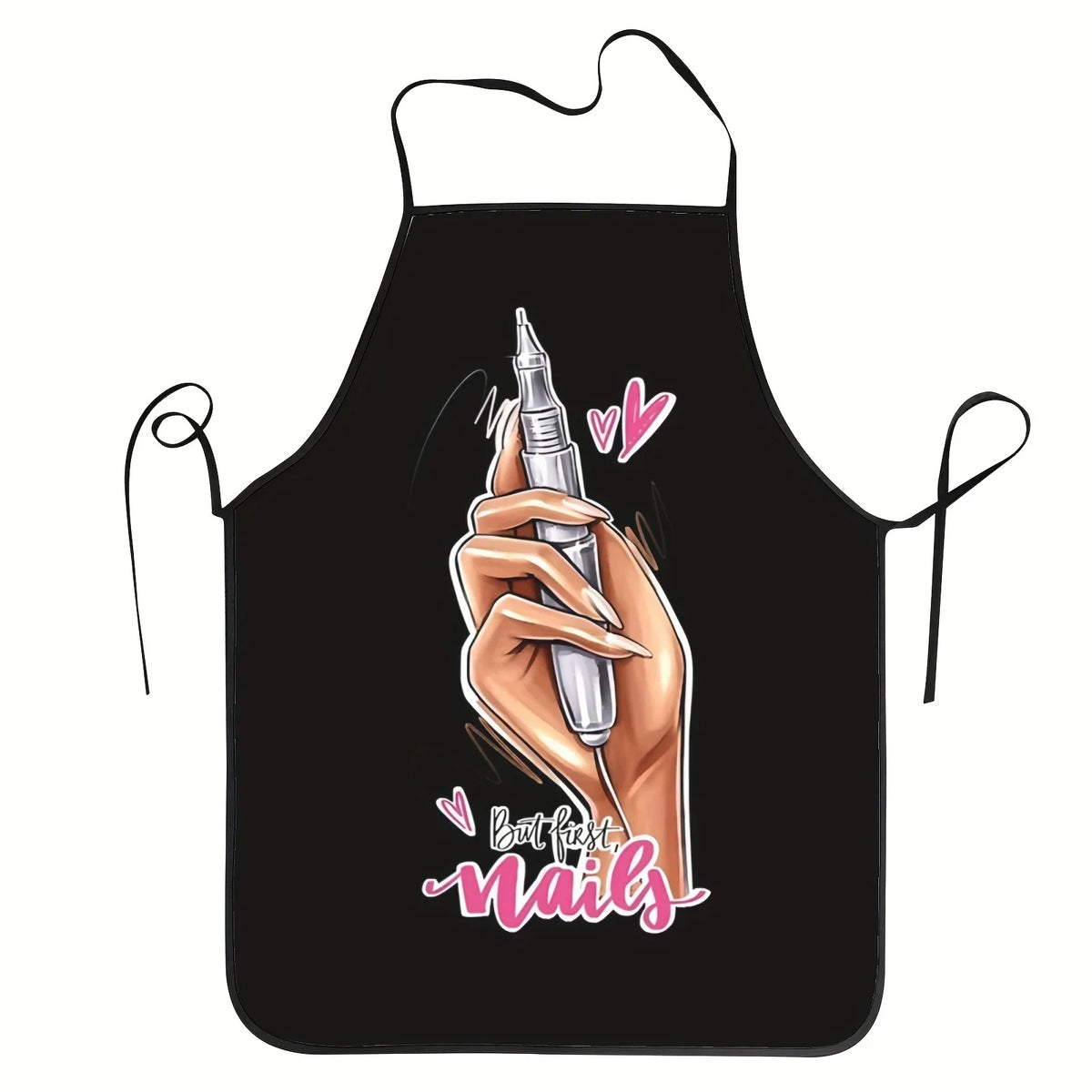 Black apron featuring a hand painting nails with a silver tool and pink heart accents.