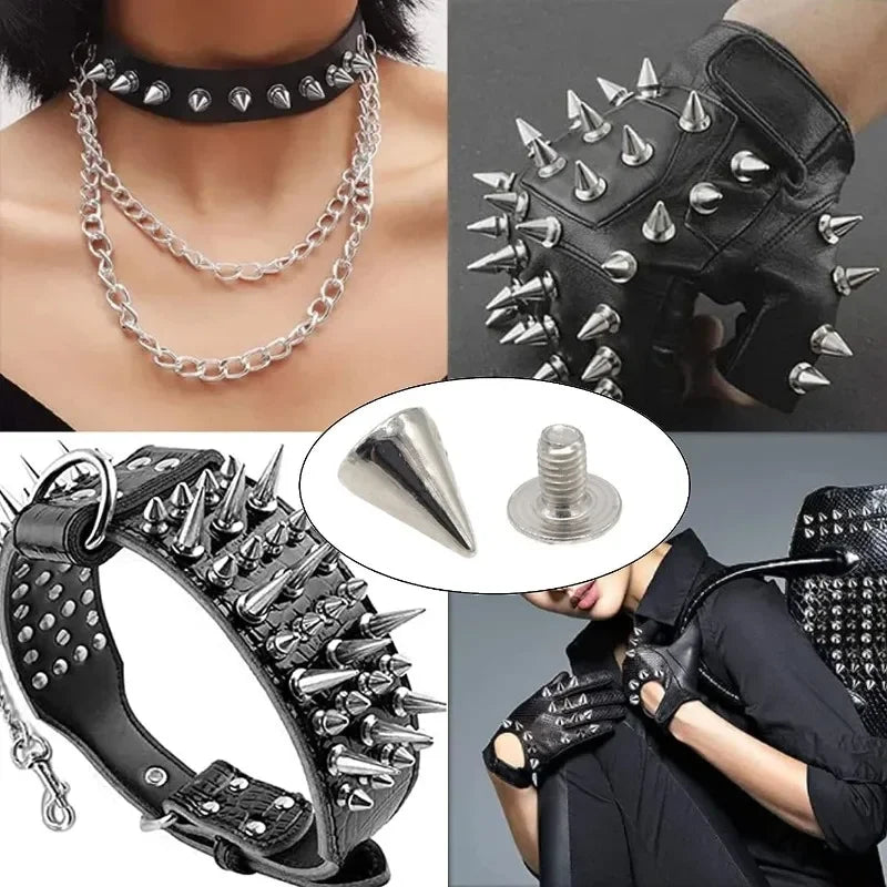 Black leather gloves and necklaces adorned with silver cone studs and spikes for DIY accessories