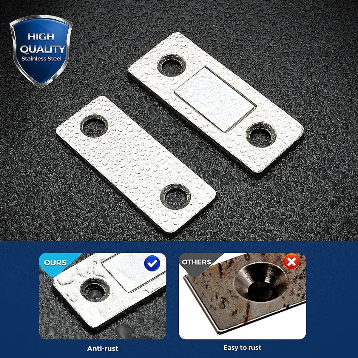 Two silver stainless steel magnetic door catches for cabinets, showing anti-rust and easy to rust features.
