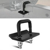 A black heavy duty anti-rattle hitch tightener clamp with threaded mounts shown in detail.