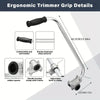 Details of an ergonomic trimmer grip showing the handle, material, and adjustment mechanism.