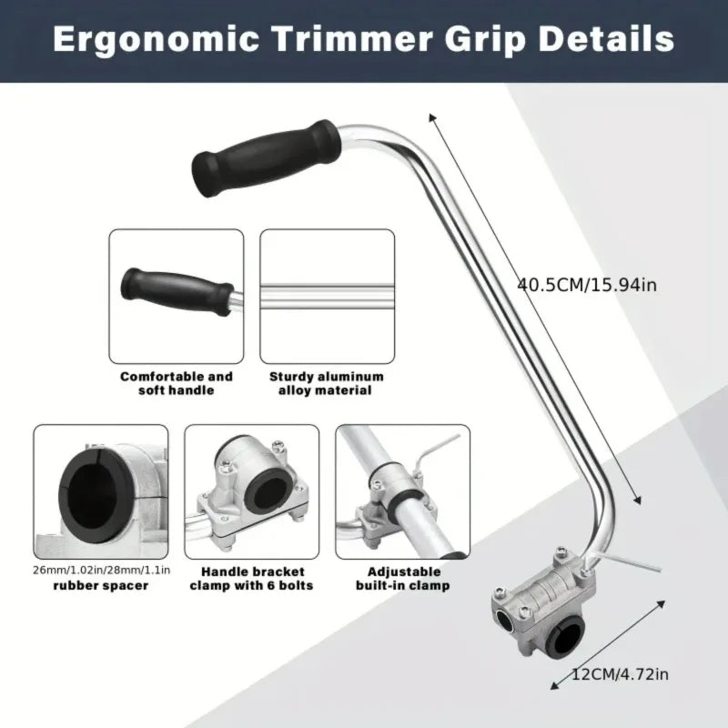 Details of an ergonomic trimmer grip showing the handle, material, and adjustment mechanism.