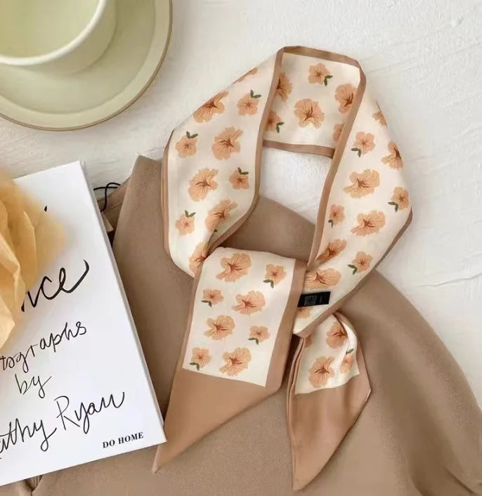 Floral Print Silk Hair Scarf for Women – Long Ribbon Headband