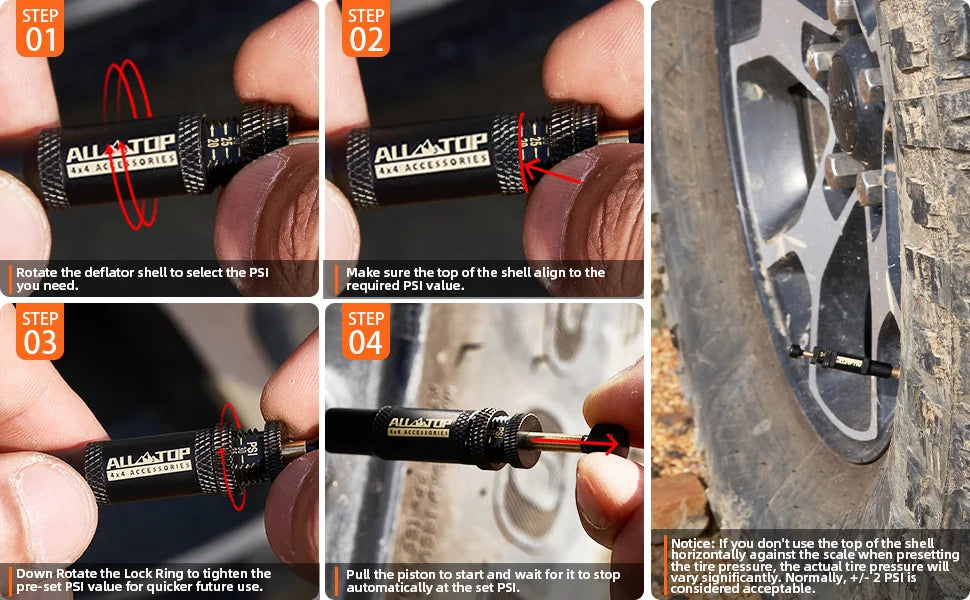 Step-by-step instructions showing how to use the Allatop tire deflator kit for PSI adjustment