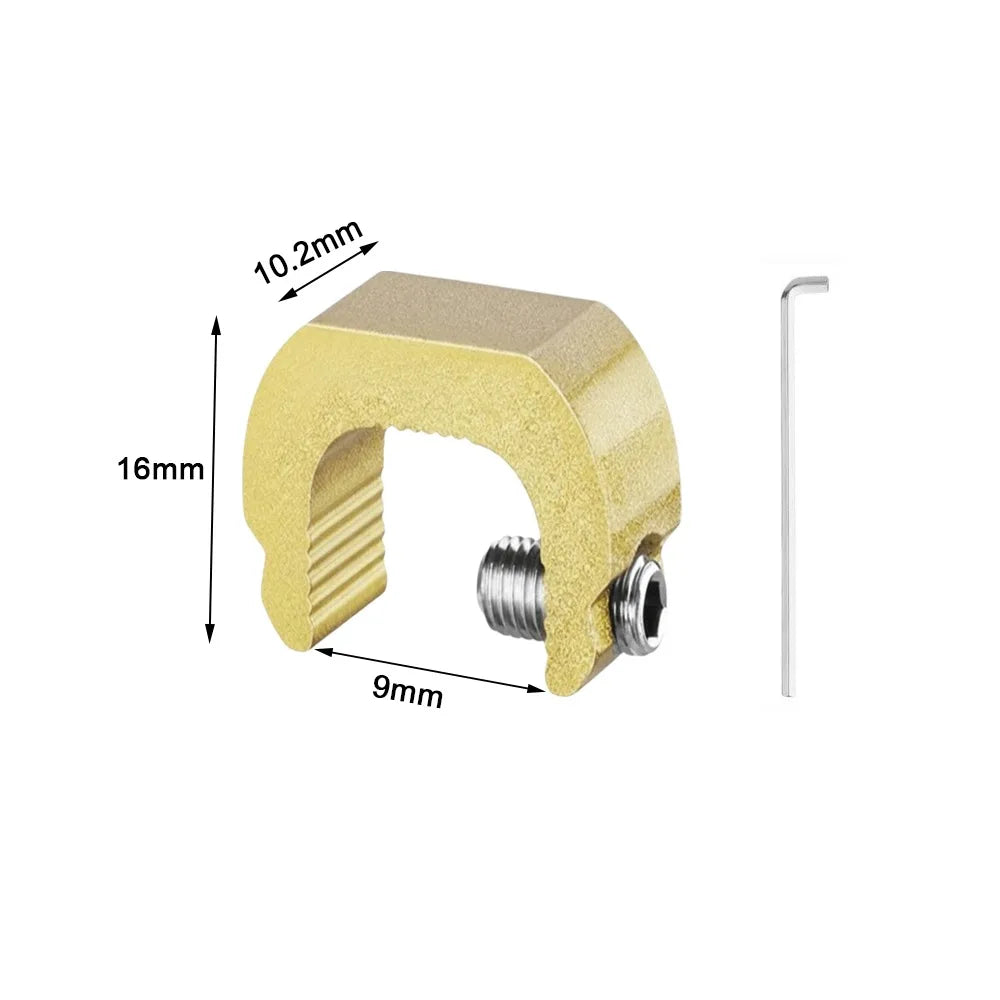 A yellow aluminum sliding window lock stopper with dimensions 10.2mm, 16mm, and 9mm.