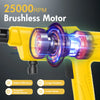 Close-up of a yellow cordless electric pressure washer motor with a brushless design and glowing internal components.