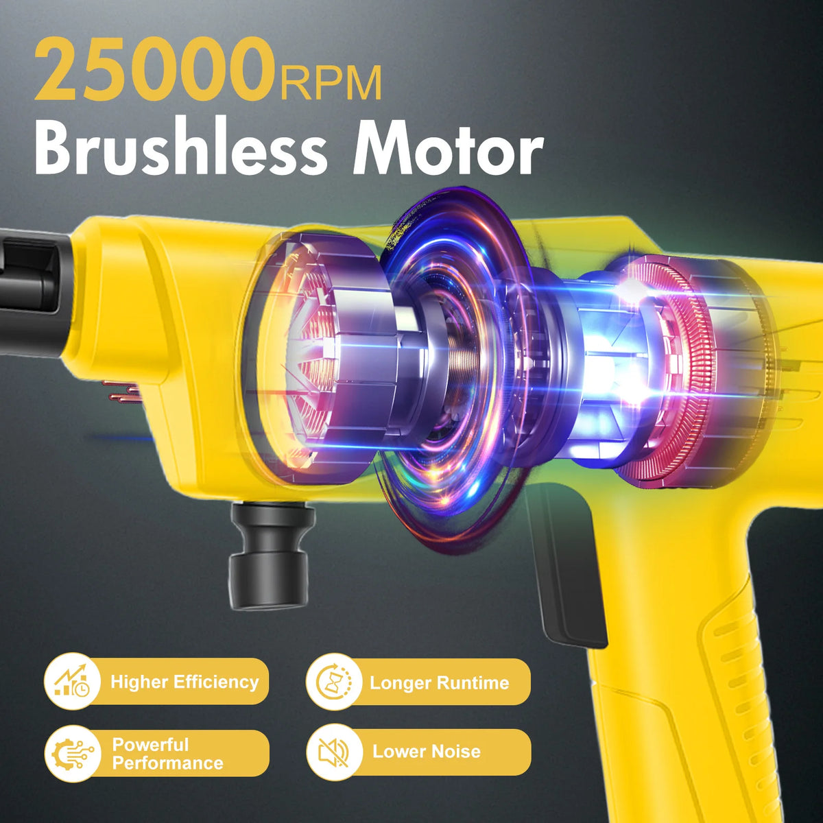 Close-up of a yellow cordless electric pressure washer motor with a brushless design and glowing internal components.
