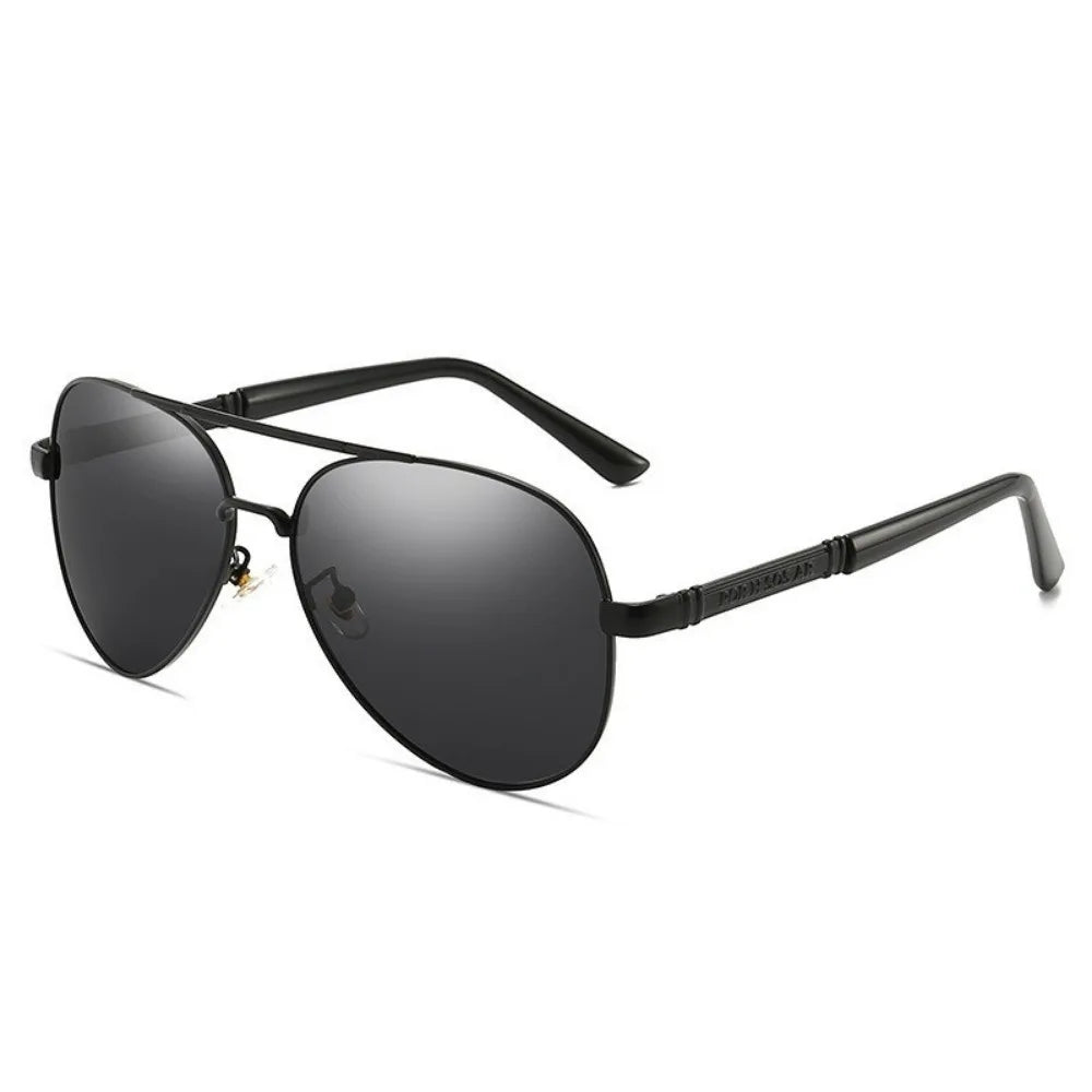 Classic aviator sunglasses with dark lenses and black frames shown against a white background.