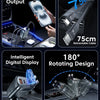 A compact 4-port retractable car charger with a digital display and safety protection features.