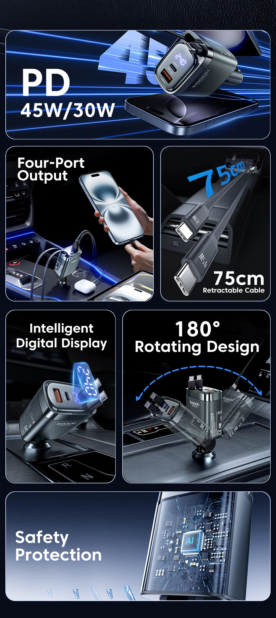 A compact 4-port retractable car charger with a digital display and safety protection features.