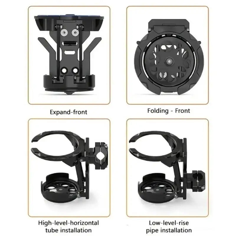 Varias vistas de un soporte plegable para vaso de motocicleta negro, mostrando métodos de instalación frontal y plegado.