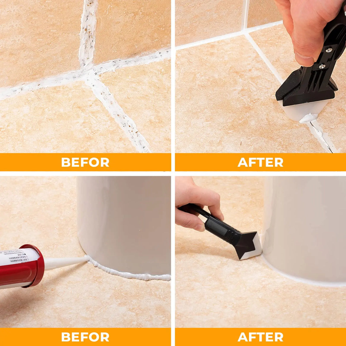 Before and after images showing the use of a caulk tool kit for sealing grout lines in tile and ceramic surfaces.