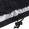 A black heavy-duty waterproof grill cover with a silver lining and a drawstring is shown.