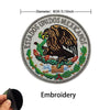 Embroidery of the Mexican flag eagle on a circular patch with hook and loop backing