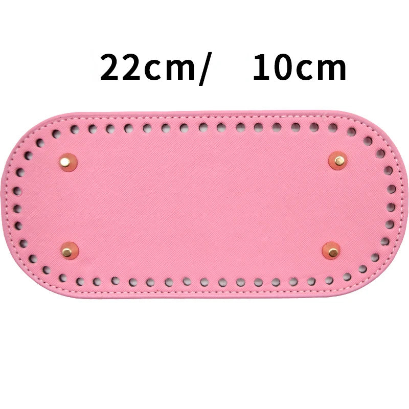 Pink PU leather oval bag bottom for DIY crochet and knitted bags, measuring 22cm by 10cm.