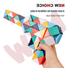 A hand is interacting with a colorful, transformable fidget puzzle toy made of geometric shapes.