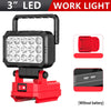 A portable red and black LED work light with a built-in USB port is shown.