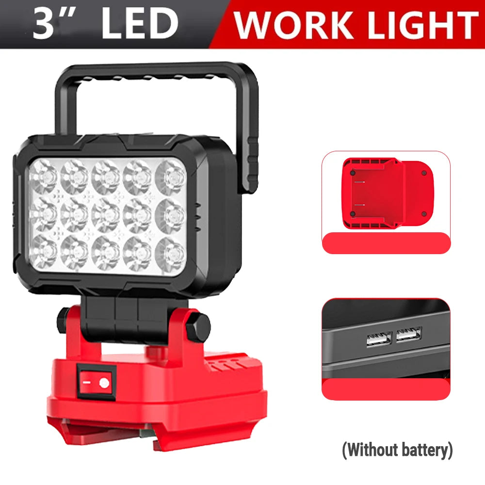 A portable red and black LED work light with a built-in USB port is shown.