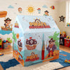 A blue pirate adventure play tent featuring a pirate character and ship design for kids.