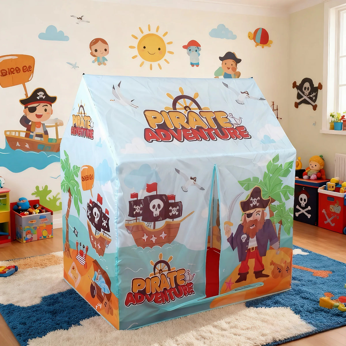 A blue pirate adventure play tent featuring a pirate character and ship design for kids.