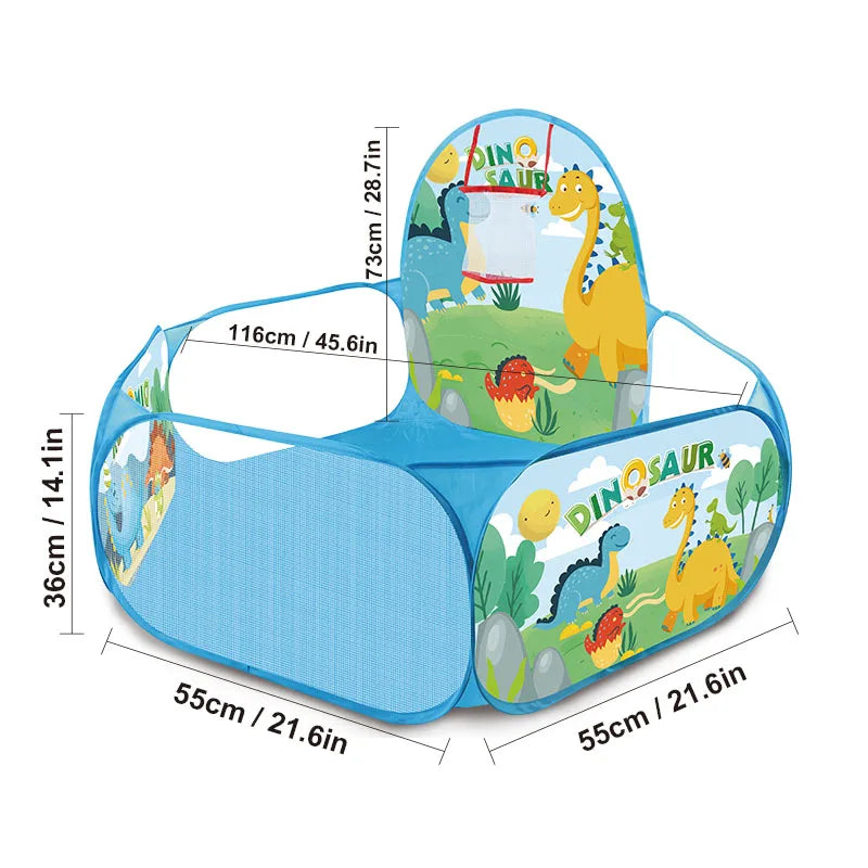 A blue foldable pop-up play tent featuring a dinosaur design for children.