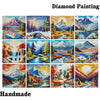 A grid of twelve diamond painting images featuring various mountain landscapes, forests, and sunsets.