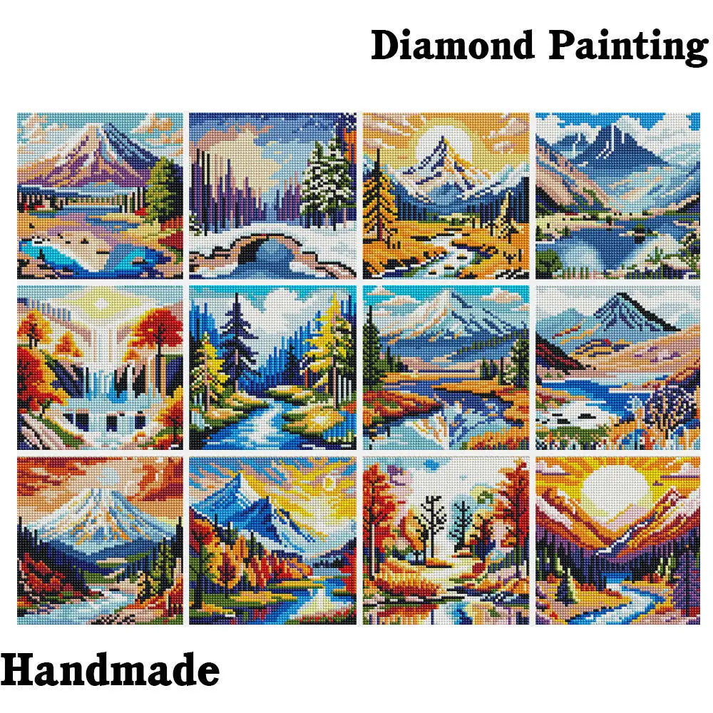 A grid of twelve diamond painting images featuring various mountain landscapes, forests, and sunsets.
