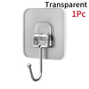 A clear, self-adhesive rotating wall hook with a curved metal handle for storage.