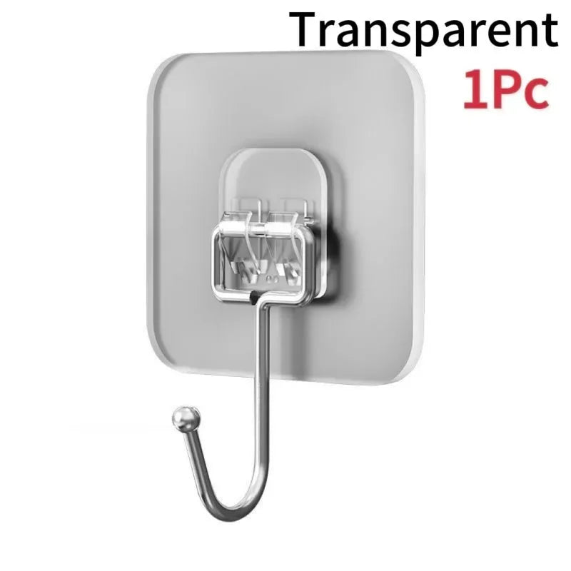 A clear, self-adhesive rotating wall hook with a curved metal handle for storage.
