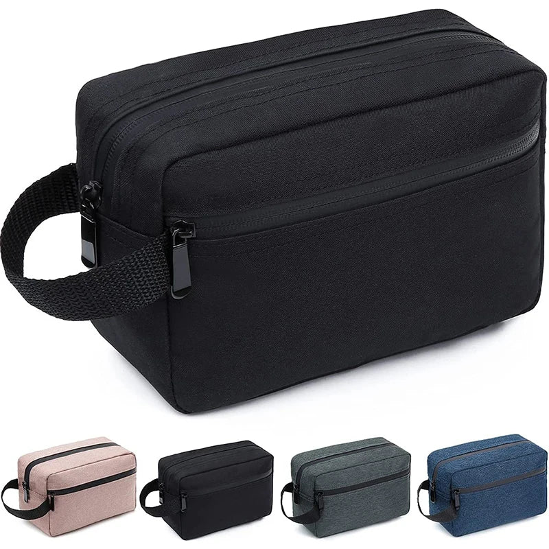 A set of four black and gray waterproof travel toiletry bags shown in various colors and angles.
