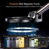 A magnetic phone mount is shown securing an iPhone case onto a metal ring for safe transport.