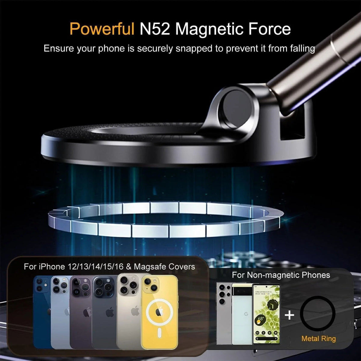 A magnetic phone mount is shown securing an iPhone case onto a metal ring for safe transport.